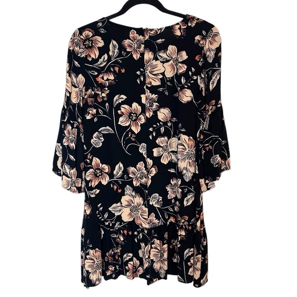SaltwaterLUXE Black Hibiscus Bell Sleeve Ruffle Hem Mini Dress- Size Medium - Picture 5 of 11
